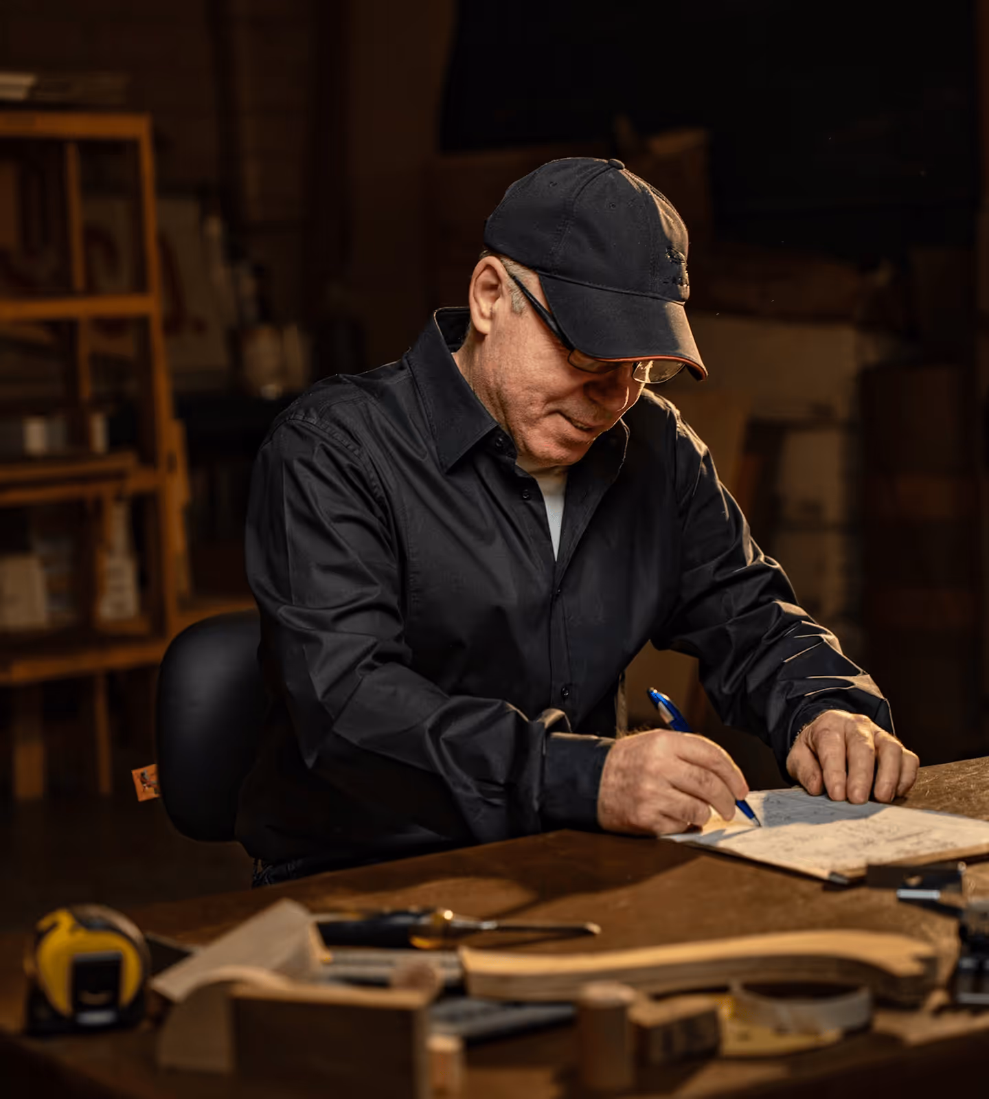 Craftsman working on furniture design schematics